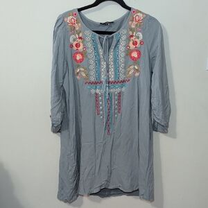 ANDREE BY UNIT Embroidered Mini Dress Blue Floral Boho Fairycore Women's Size M